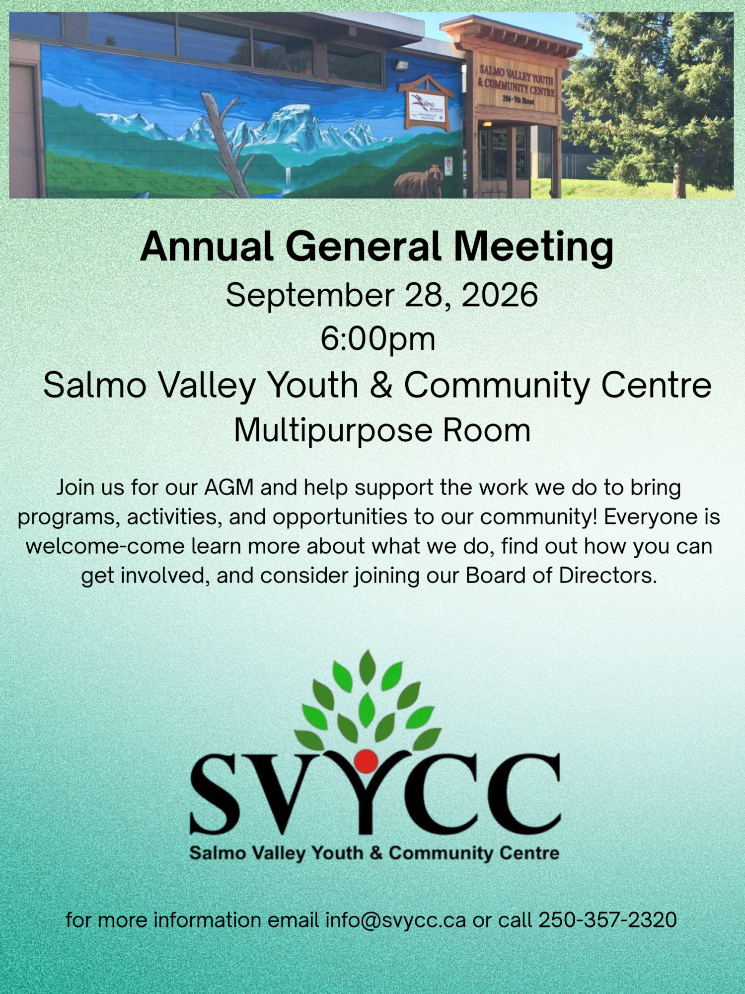 AGM September 23 2025 600pm Salmo Valley Youth & Community centre Multipurpose room